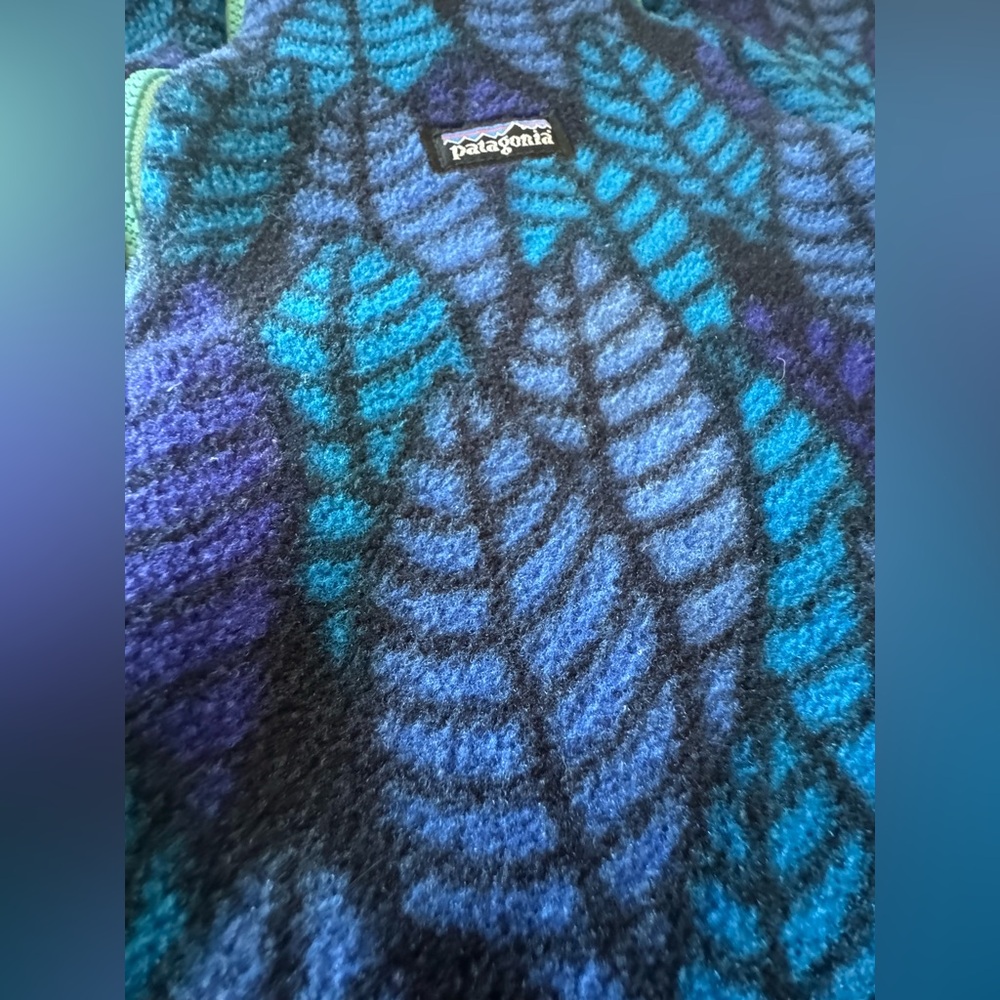 VTG Patagonia Fleece Bunting One Piece Blue leaf 90s AOP 6m - Picture 10 of 11
